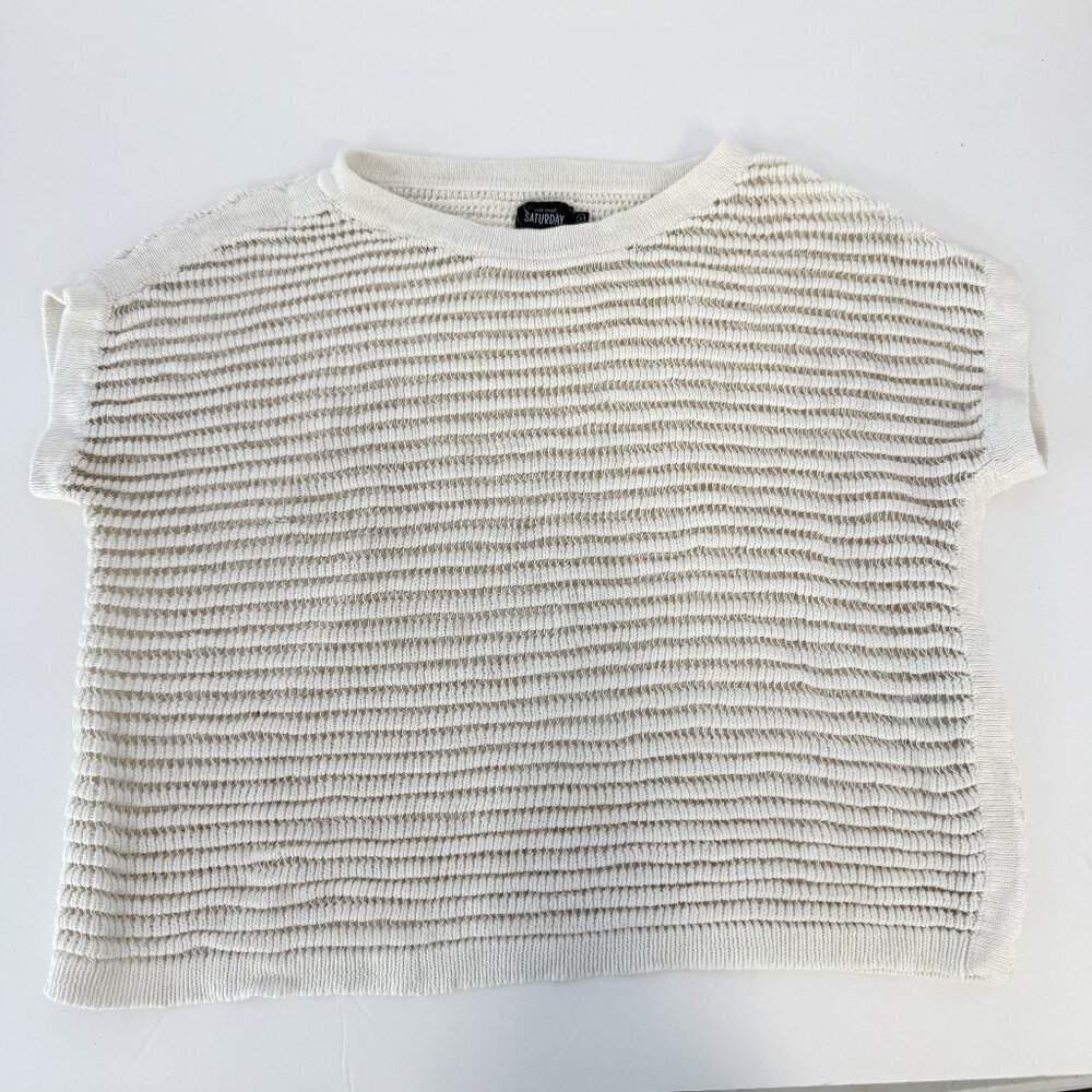 Kate Spade Saturday White Woven Knit Short Sleeve Boxy Crew Neck Boxy Sweater